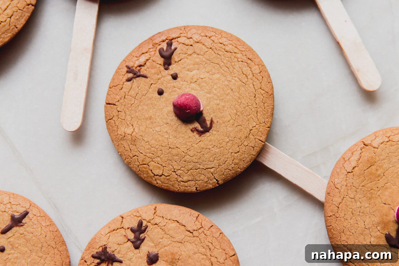 Several fully decorated gingerbread Rudolph reindeer cookies resting on a plate, showcasing their adorable faces and red noses.