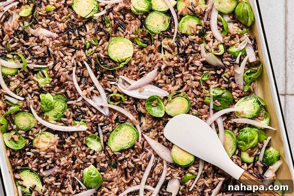 Cooked white rice, shredded brussels, shallots, and spices  mixed well on a baking sheet.