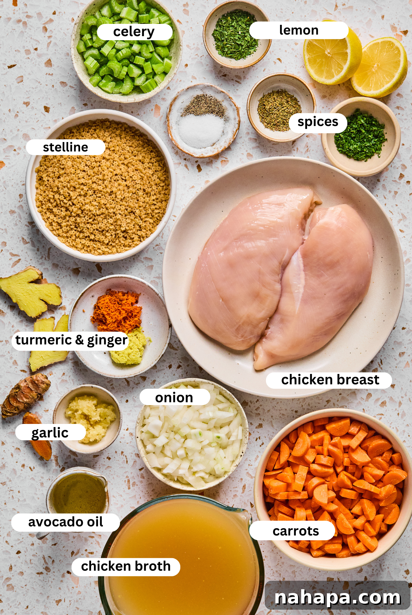 A vibrant display of all the fresh ingredients for homemade turmeric chicken soup, including chicken breast, chopped vegetables, and fresh turmeric and ginger.