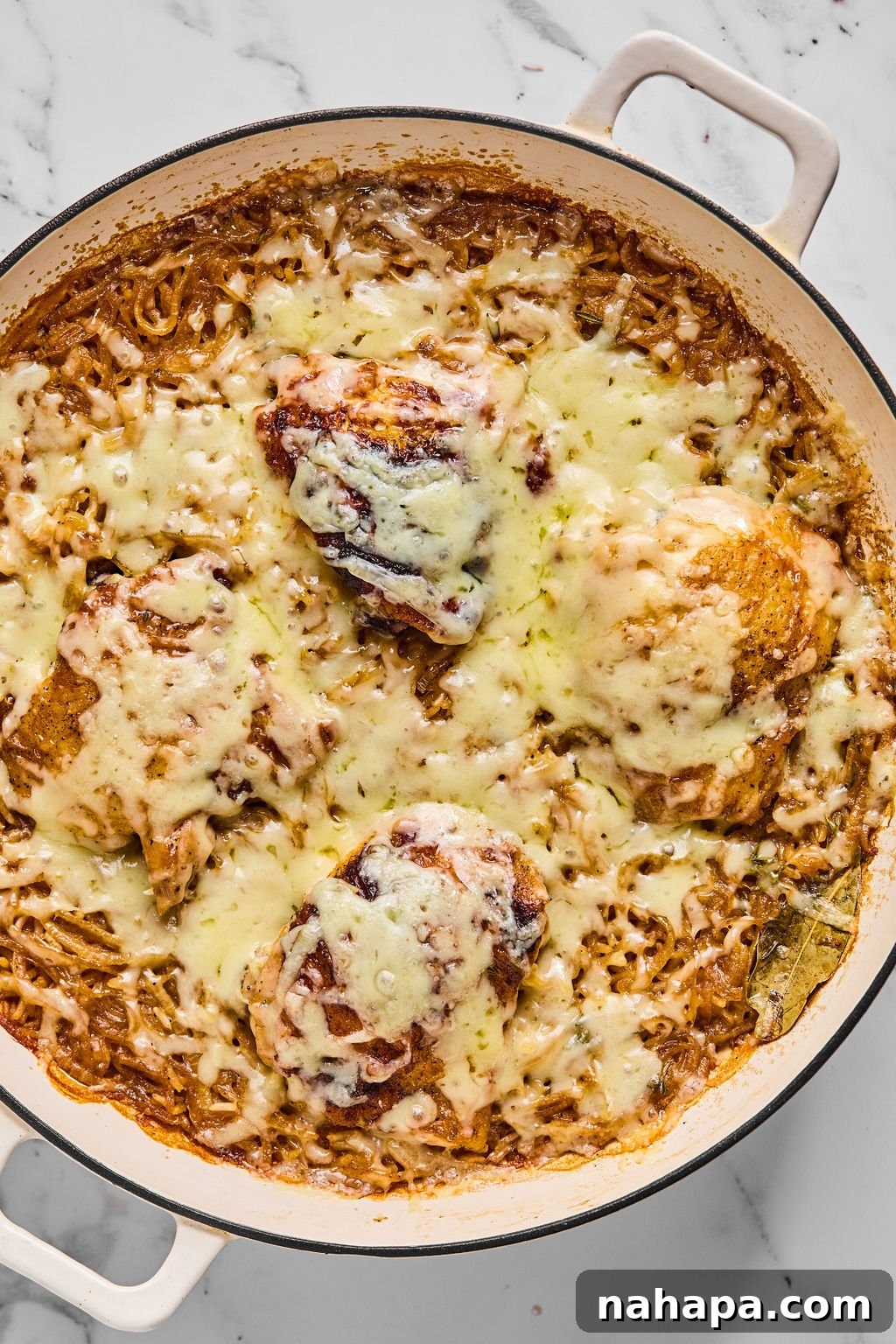 A serving of French onion chicken and rice, topped with melted cheese and fresh thyme, ready to be enjoyed.