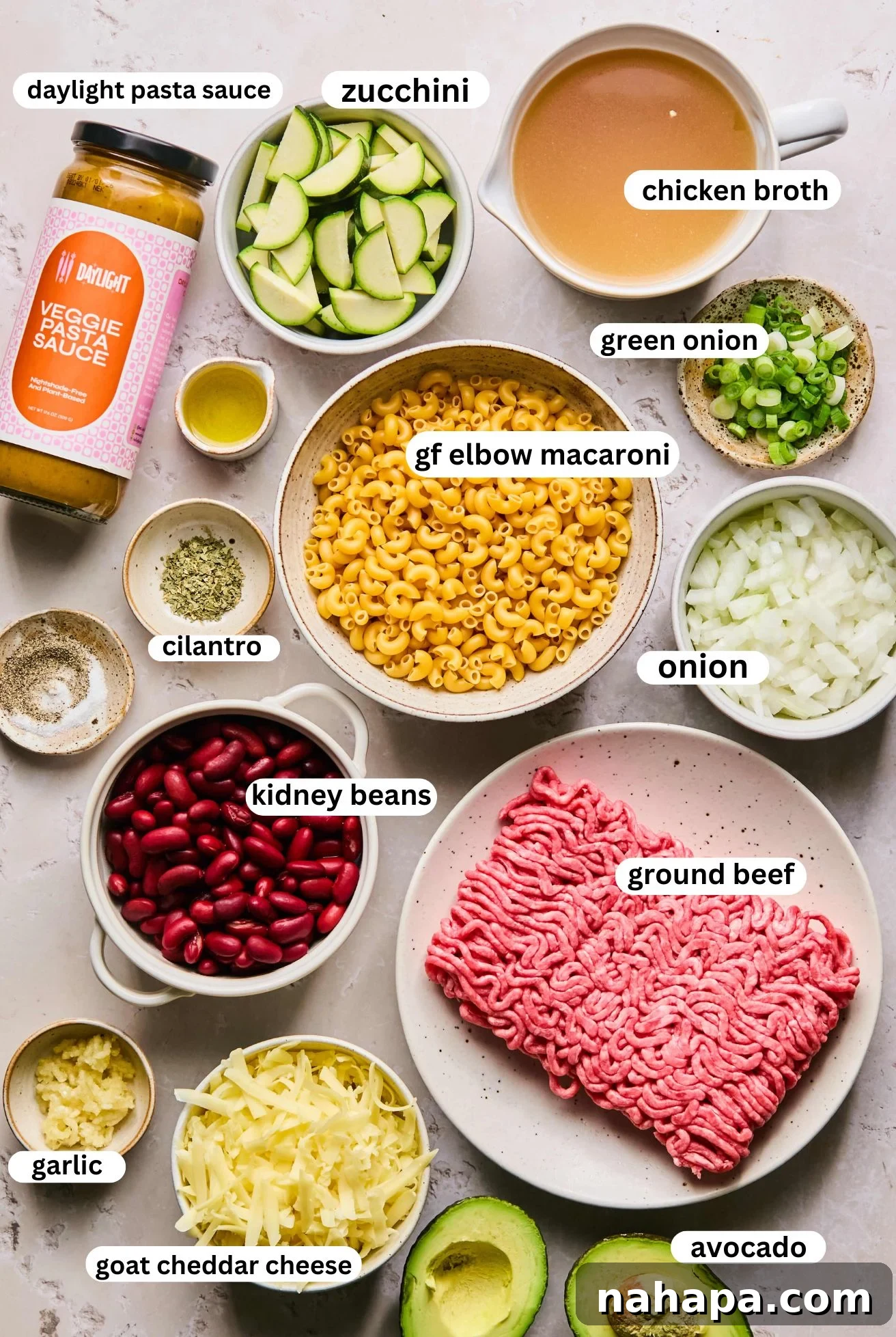 all ingredients for gluten free chili mac, separated and in bowls