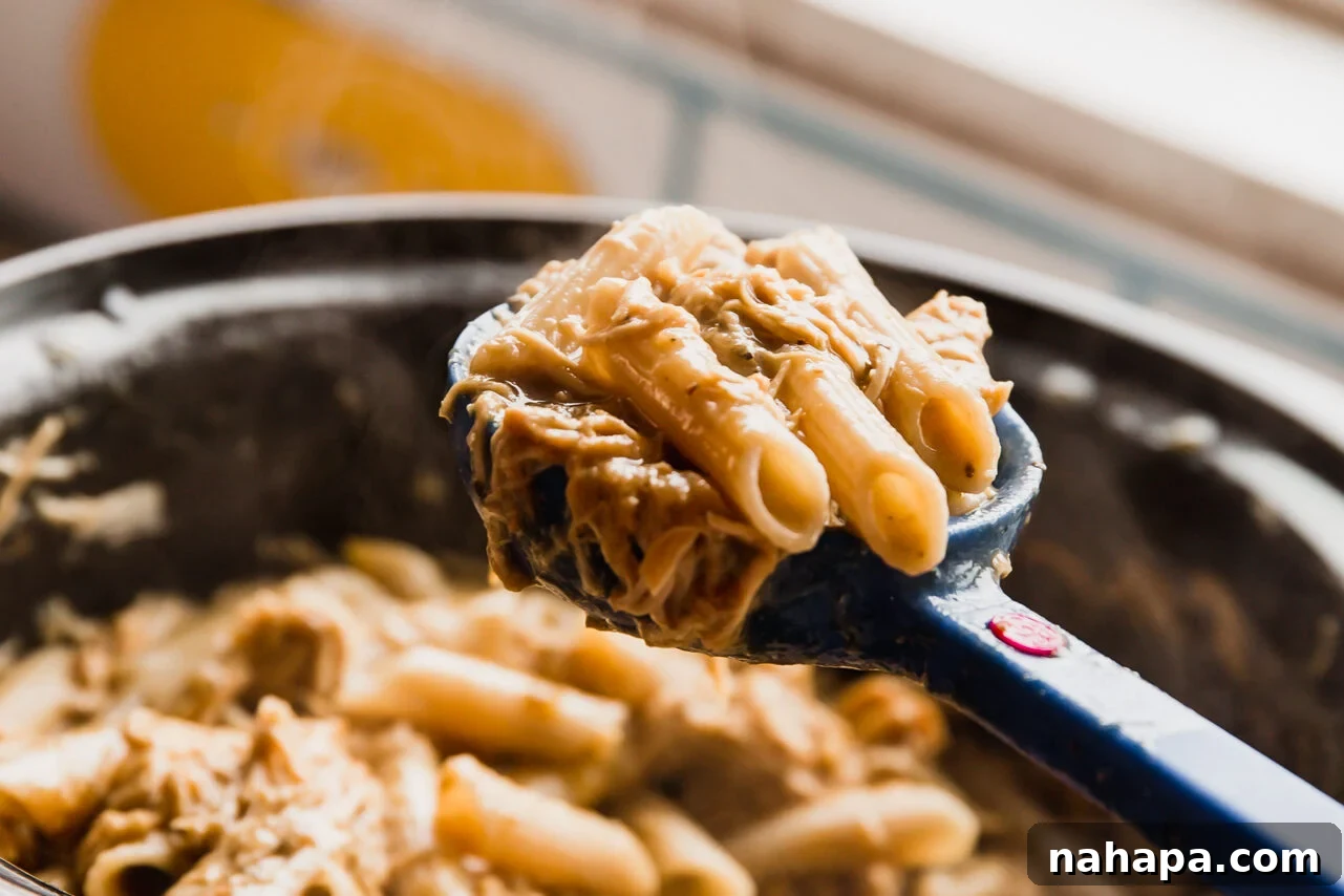 Velvety Slow Cooker Chicken Pasta 7 A serving spoon lifting a generous portion of creamy slow cooker chicken pasta, showing the perfectly coated noodles and tender chicken.