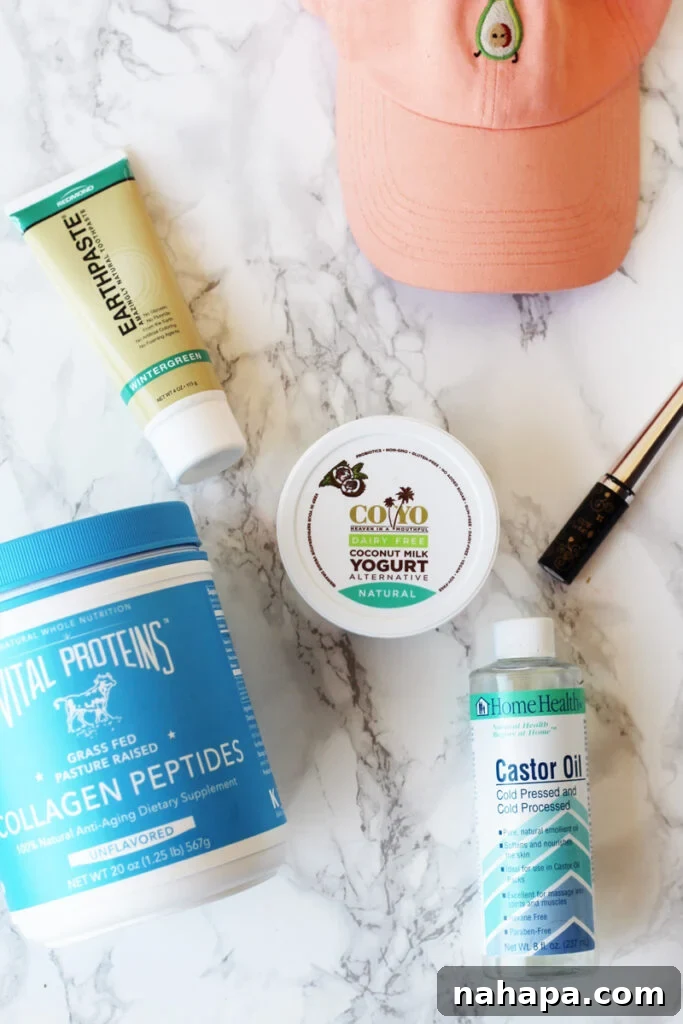 January Wellness Picks 2 A collection of wellness and cosmetic products, including yogurt, supplements, and makeup items.