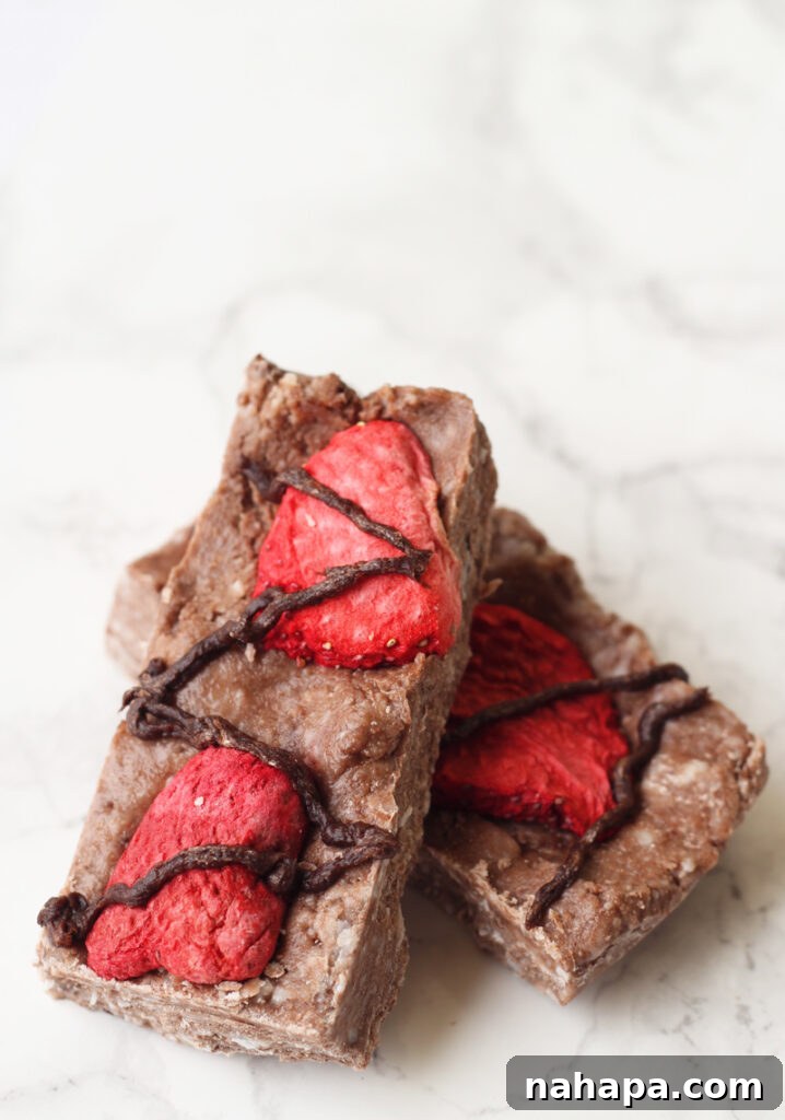 Gut-Healthy Chocolate Strawberry Collagen Protein Bars Paleo AIP 3 Close-up of Chocolate Strawberry Collagen Protein Bars, showcasing their texture and vibrant colors