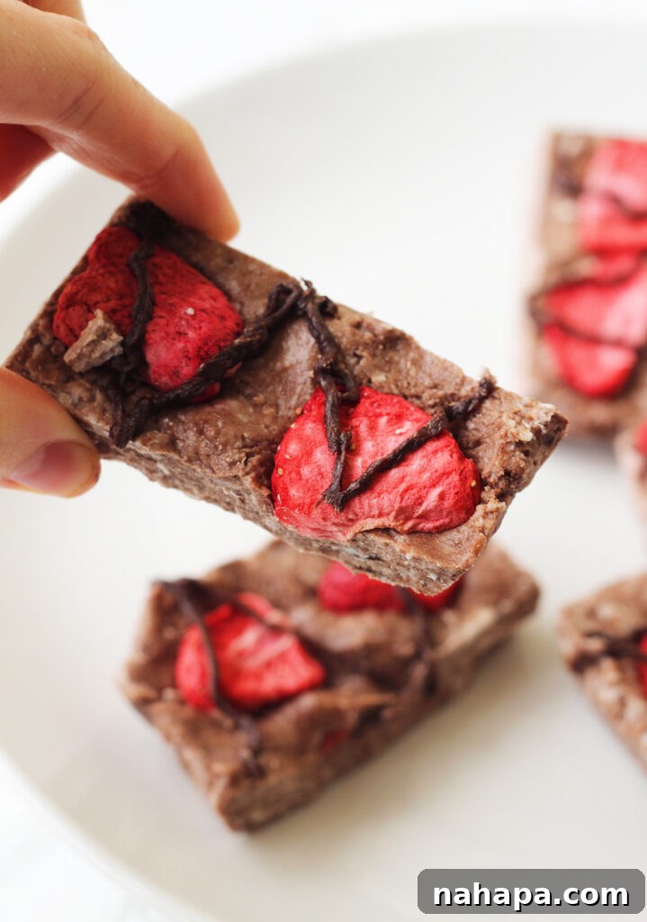 Gut-Healthy Chocolate Strawberry Collagen Protein Bars Paleo AIP 6 Hand holding a Chocolate Strawberry Collagen Protein Bar, highlighting its convenience as a portable snack