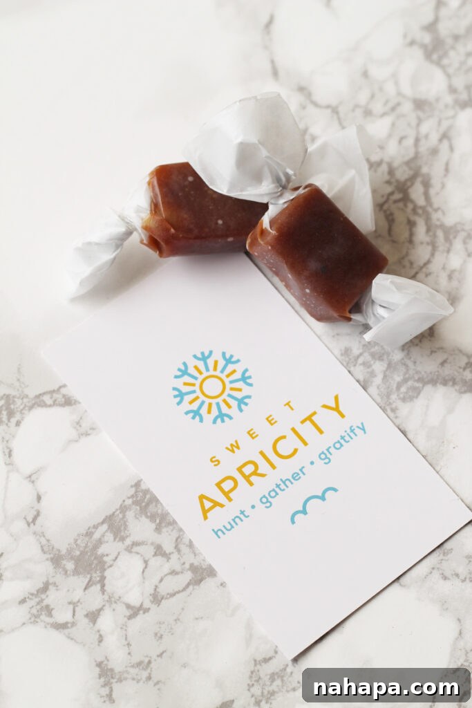 Two Sweet Apricity caramels artfully arranged on a countertop.