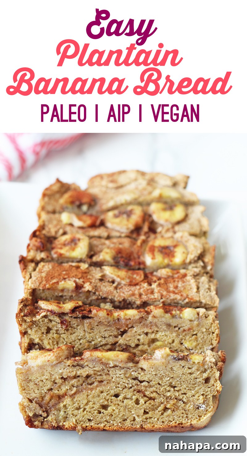 A delicious slice of Plantain Banana Bread, baked to perfection and suitable for Paleo, AIP, and Vegan diets.