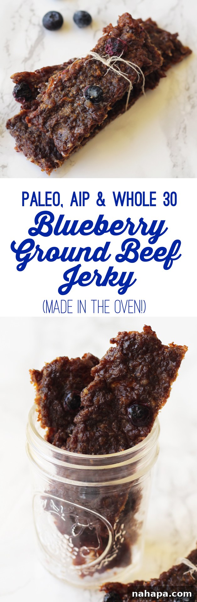 A hand holding a piece of blueberry beef jerky, with more jerky visible in the background, emphasizing its portability and snack appeal.