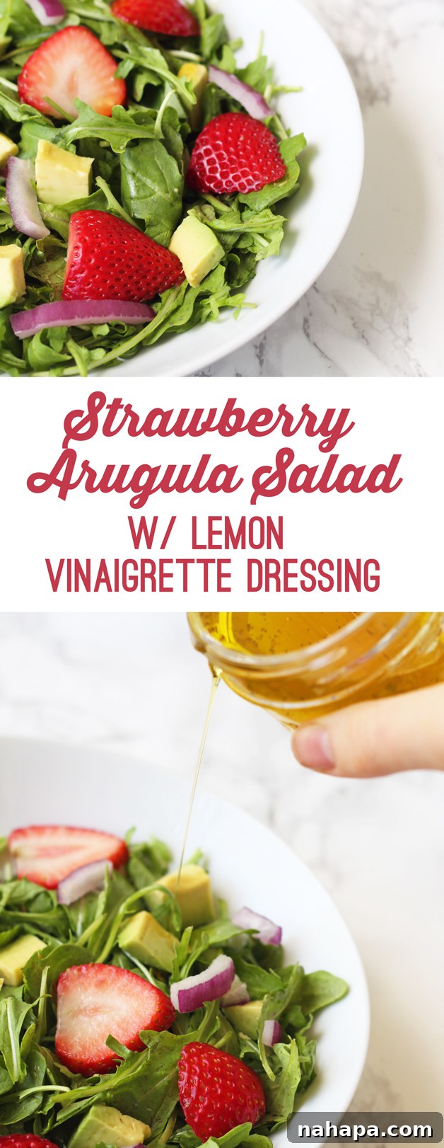 A beautifully plated Spring Strawberry Arugula Salad with Lemon Vinaigrette, showcasing its vibrant colors and fresh ingredients.