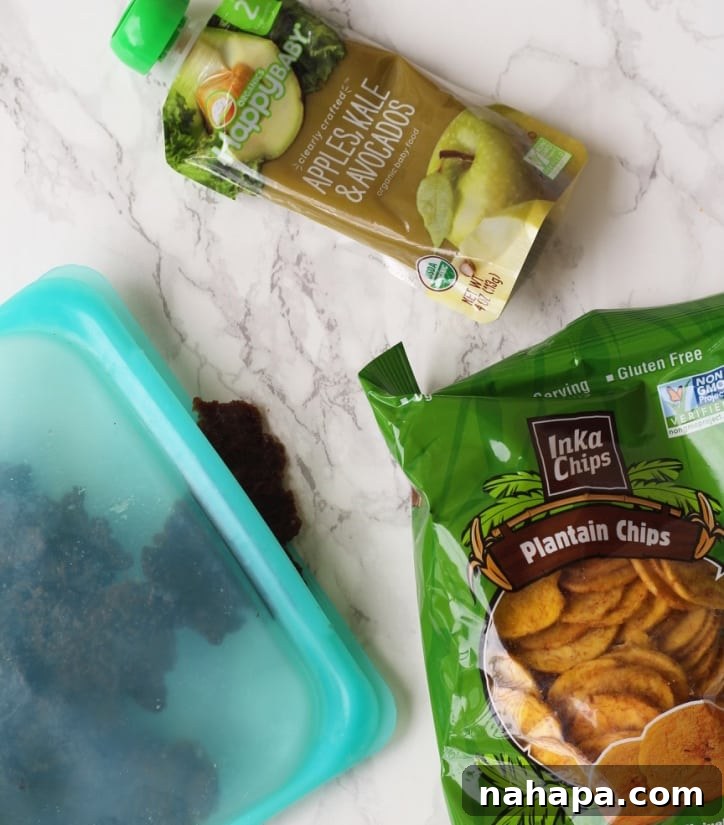 Your Paleo & AIP Travel Food Guide & Checklist 5 A bag of plantain chips, a packet of baby food and a stasher bag filled with beef jerky.