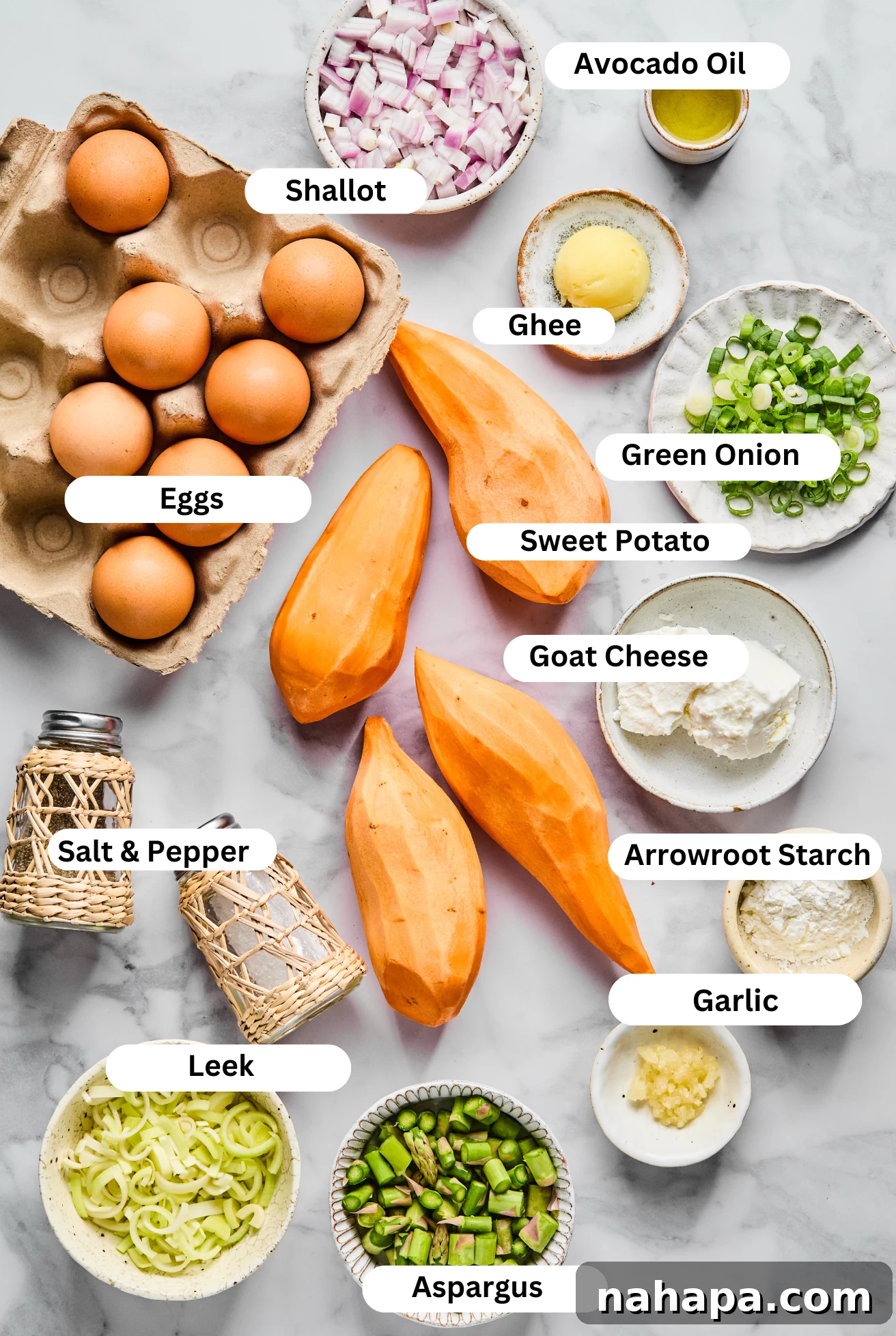 All the ingredients for sweet potato quiche.