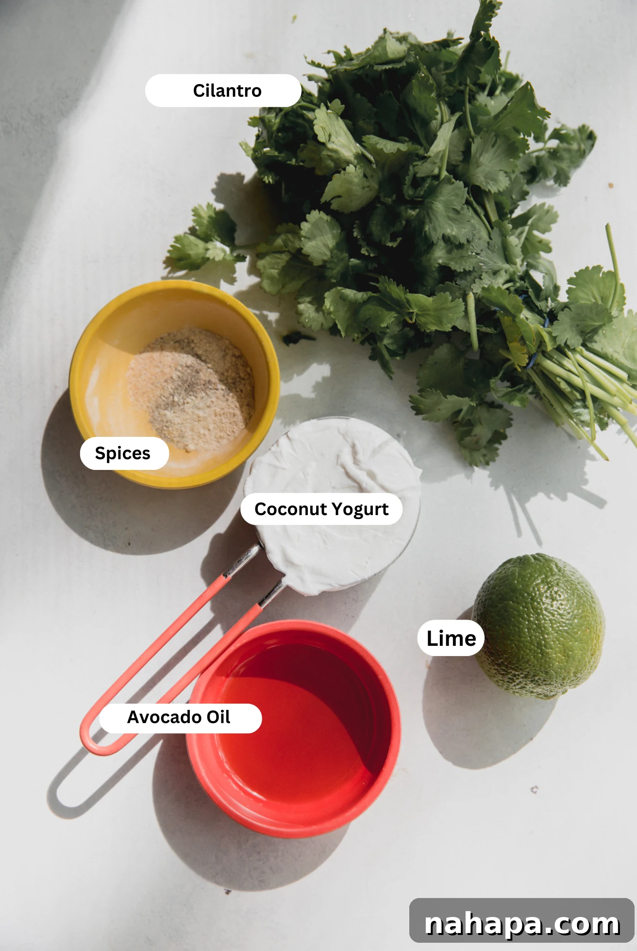 A collection of fresh ingredients laid out on a clean surface, including coconut yogurt, cilantro, lime, and various spices, all prepped for making homemade taco salad dressing.