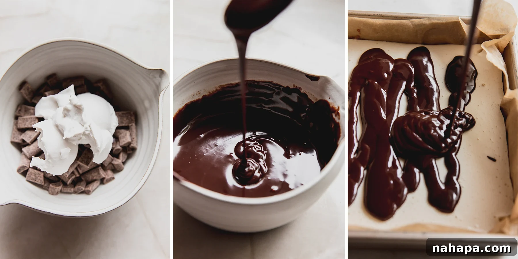 Step-by-step process of making the dairy-free chocolate ganache, showing melted chocolate and coconut cream combined in a bowl.
