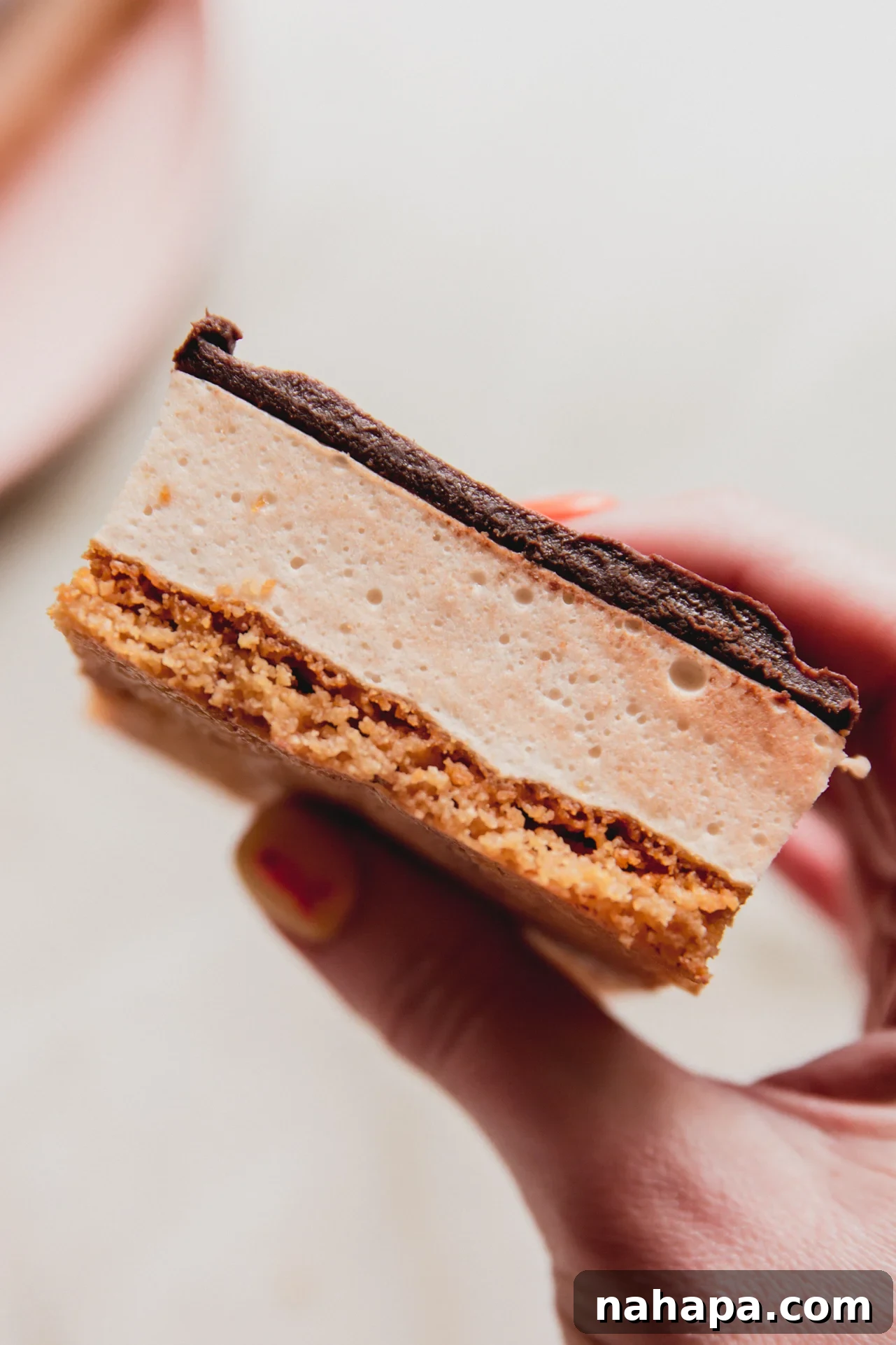 A single, perfectly layered gluten-free s'mores protein bar, held up to showcase its enticing texture and deliciousness.