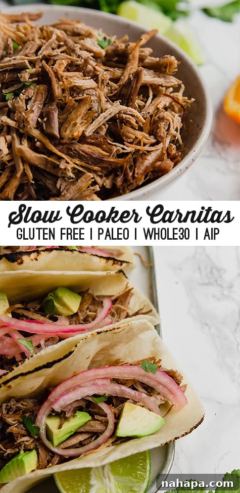 Slow Cooker Carnitas on a serving board with fresh cilantro