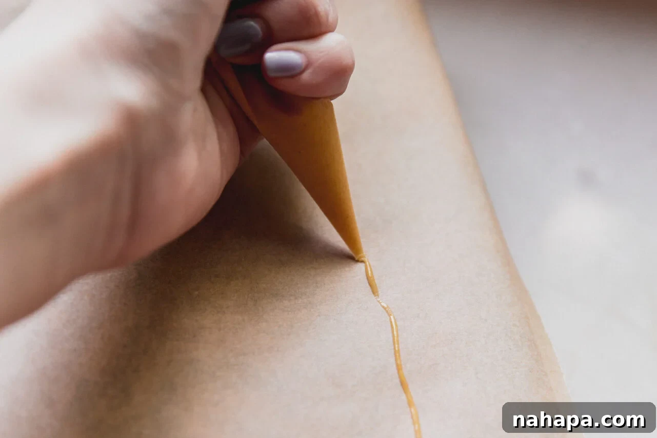 A hand gently piping a yellow icing line onto a sheet of parchment paper on a cutting board.