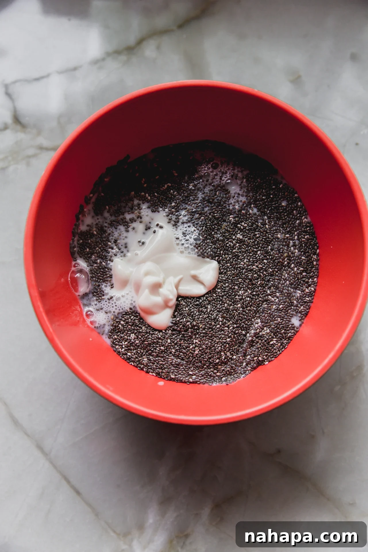 The mixture for the chia seed base before mixing, showing all the components in a bowl.