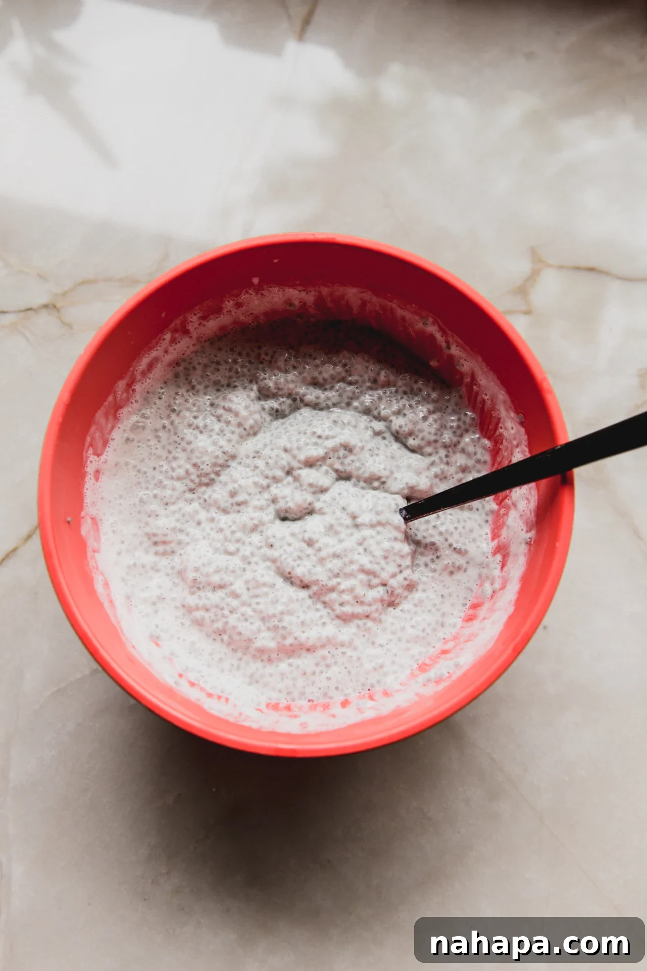 The chia seed pudding after soaking, now a thick and creamy consistency.