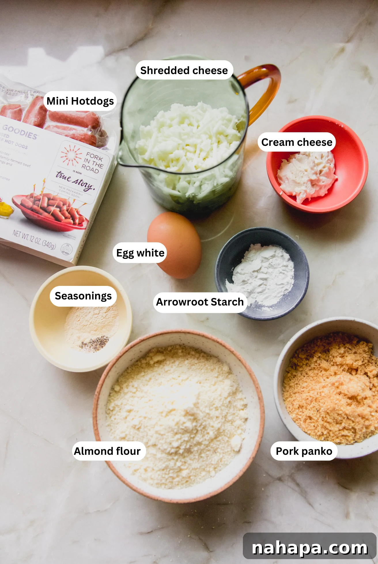 All the ingredients for gluten-free pigs in a blanket laid out on a table.