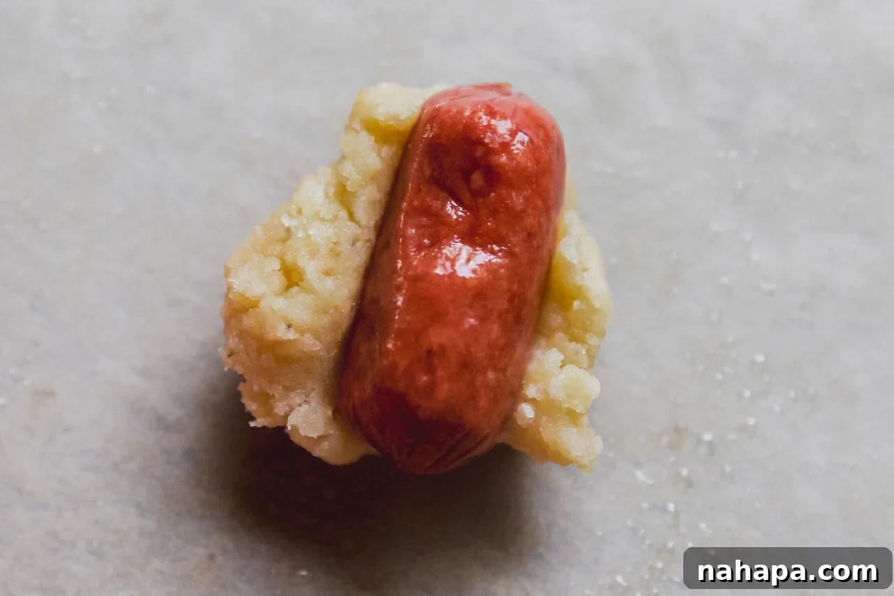 Mini hot dog on a cutting board next to a scoop of gluten-free dough.