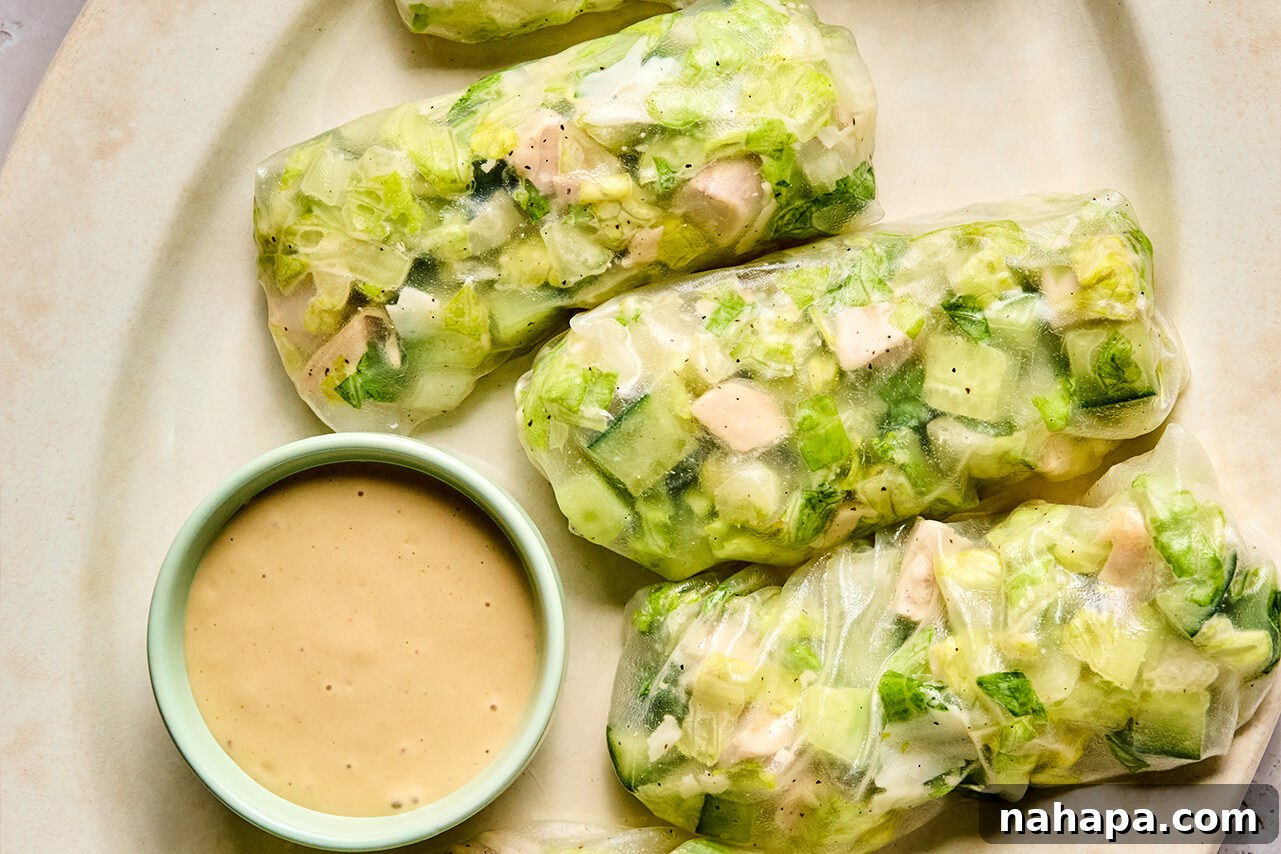 Chicken Caesar Summer Rolls 11 A platter with 5 chicken caesar salad rice paper rolls and caesar dressing for dipping.