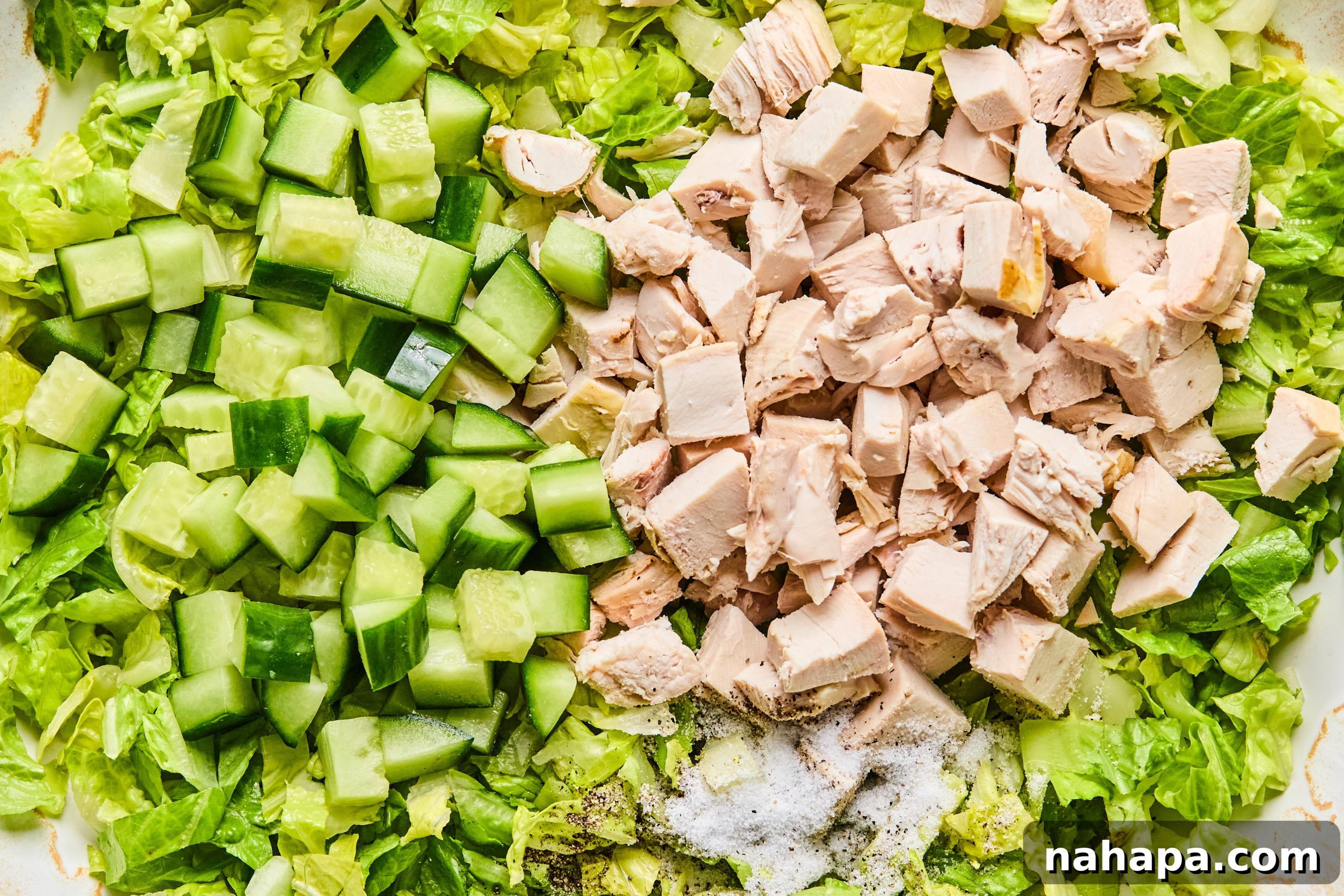 Chicken Caesar Summer Rolls 6 All of the salad ingredients for chicken caesar dressing before mixing.