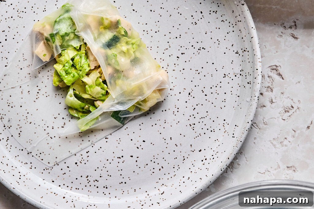 Chicken Caesar Summer Rolls 10 Rice paper being rolled with salad.
