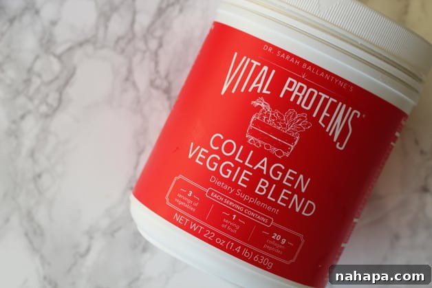 Gut-Healing Collagen Veggie Bites (Paleo and AIP) 3 A clear container of Vital Proteins Collagen Veggie Blend, with its label prominently displayed, indicating a commitment to organic ingredients and healthy living.
