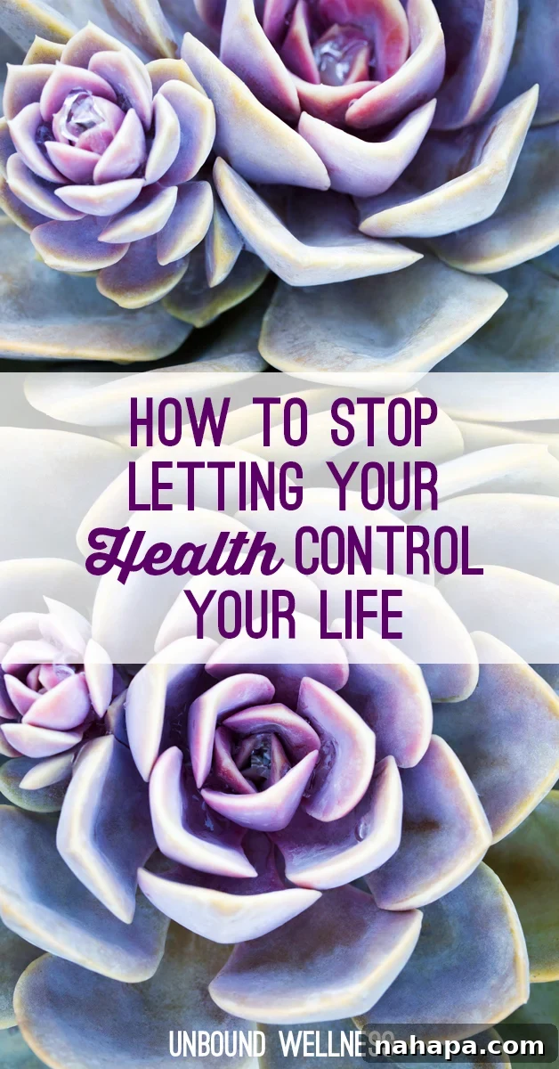 A background of flowers with \"how to stop letting your health control your life\" written on top in purple.