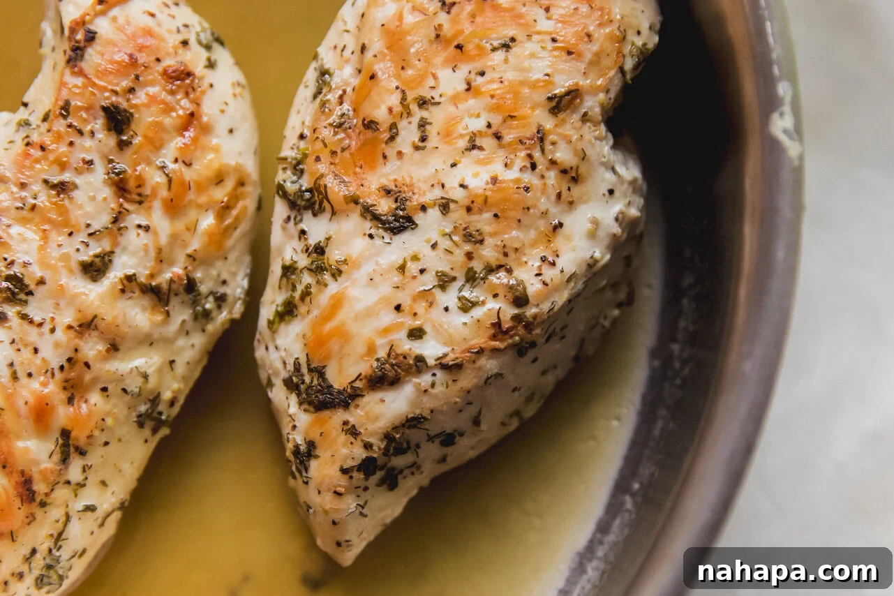 Seasoned chicken breasts searing in a pan before being cooked through.