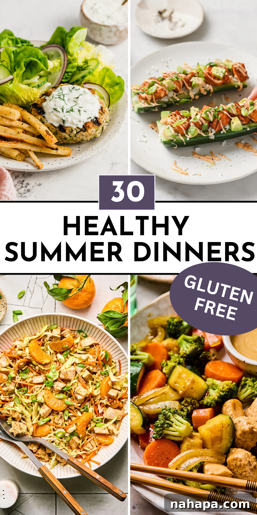 A collage featuring four healthy summer dinners: grilled chicken burgers, lemon salmon pasta, a fresh salad, and fish tacos, all vibrant and appealing.