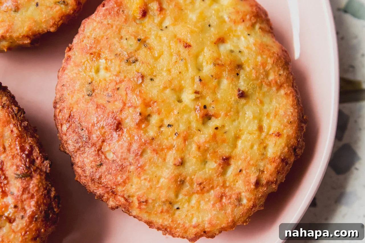 Perfectly cooked air fryer chicken patties, golden brown and resting on a plate with garnishes.