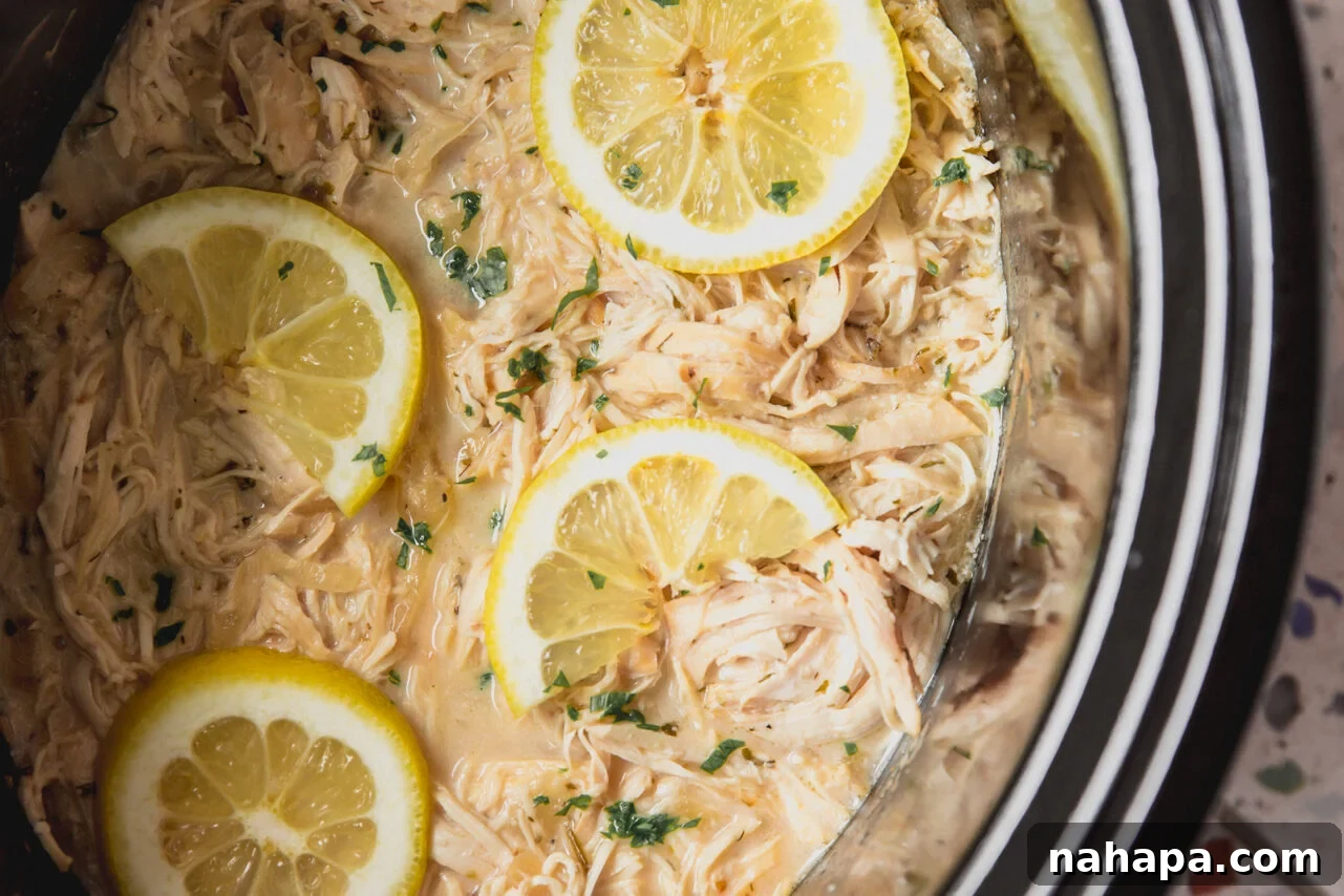 Slow cooker Greek chicken in the slow cooker topped with lemon slices.
