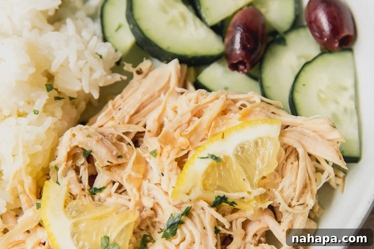 Fully cooked slow cooker greek chicken topped off with lemon and parsley with cucumber salad and rice on the side.