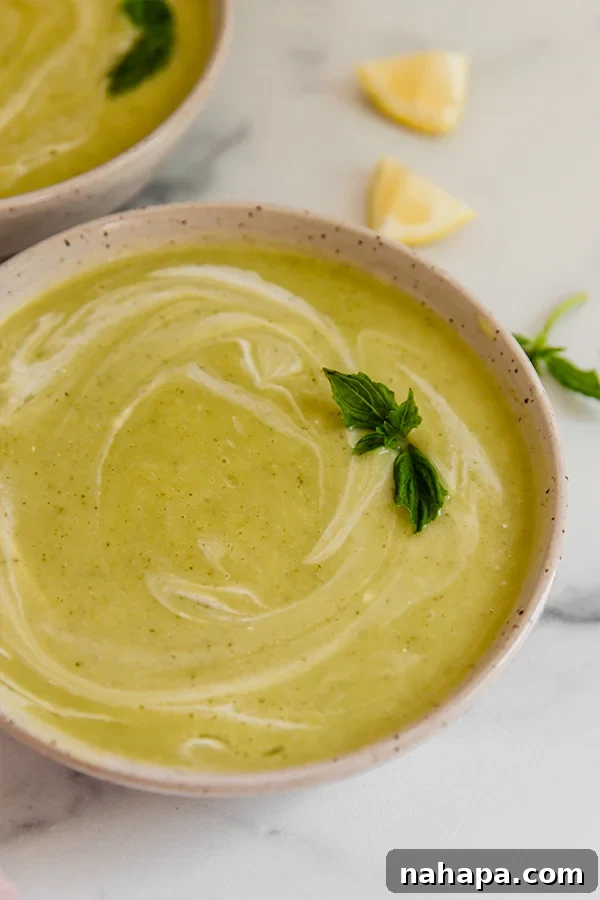 Basil zucchini soup served in a bowl topped with basil