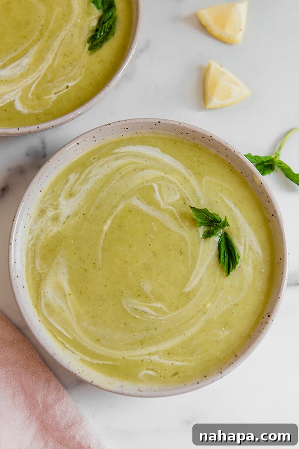 Top view of zucchini soup in a bowl topped with basil