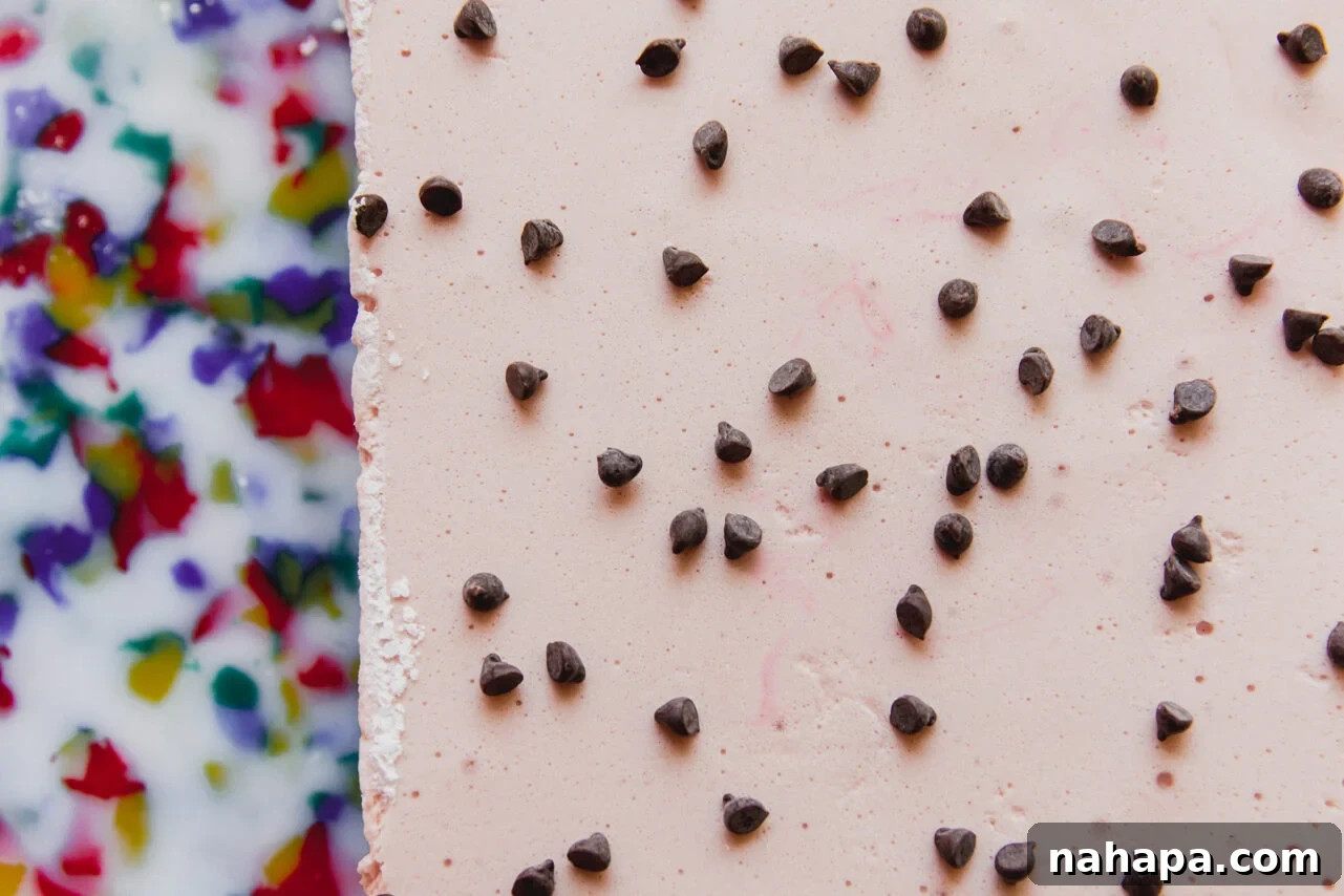 Watermelon Cloud Treats 8 The watermelon marshmallows in the pan, topped with mini chocolate chips, before being sliced.