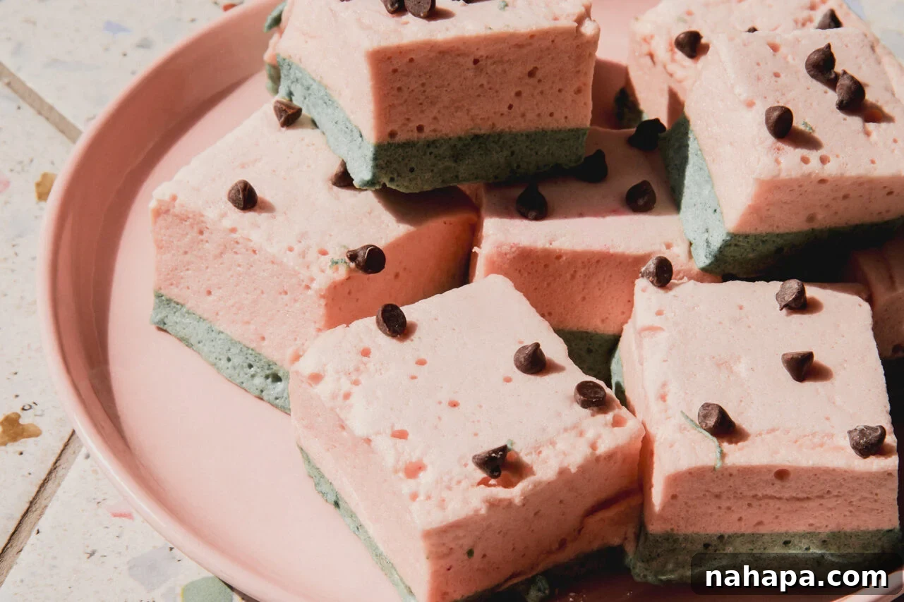 Watermelon Cloud Treats 9 A selection of perfectly sliced watermelon marshmallows, showcasing their distinct green and pink layers with chocolate chip 'seeds', ready to be enjoyed.
