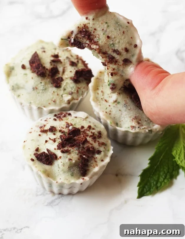 Healthy Mint Chip Banana Nice Cream Cups (Paleo AIP Vegan) 3 Close-up shot of Mint Chip Banana Ice Cream Cups, highlighting their vibrant green color and chocolate flecks.