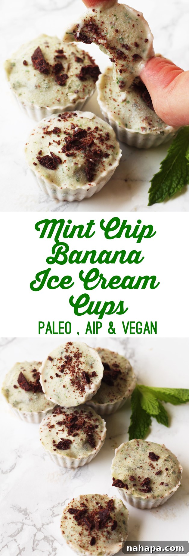 Healthy Mint Chip Banana Nice Cream Cups (Paleo AIP Vegan) 6 Several Mint Chip Banana Ice Cream Cups arranged artistically, highlighting their homemade charm and natural ingredients.