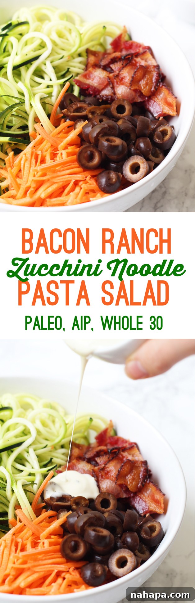 Paleo AIP Whole30 Bacon Ranch Zucchini Noodle Pasta Salad 6 Large serving of Bacon Ranch Zucchini Noodle Pasta Salad in a bowl, perfect for sharing