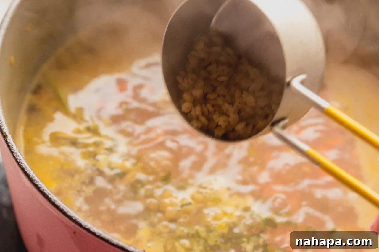 A measuring cup pouring gluten-free pastina pasta into a pot of simmering chicken soup.