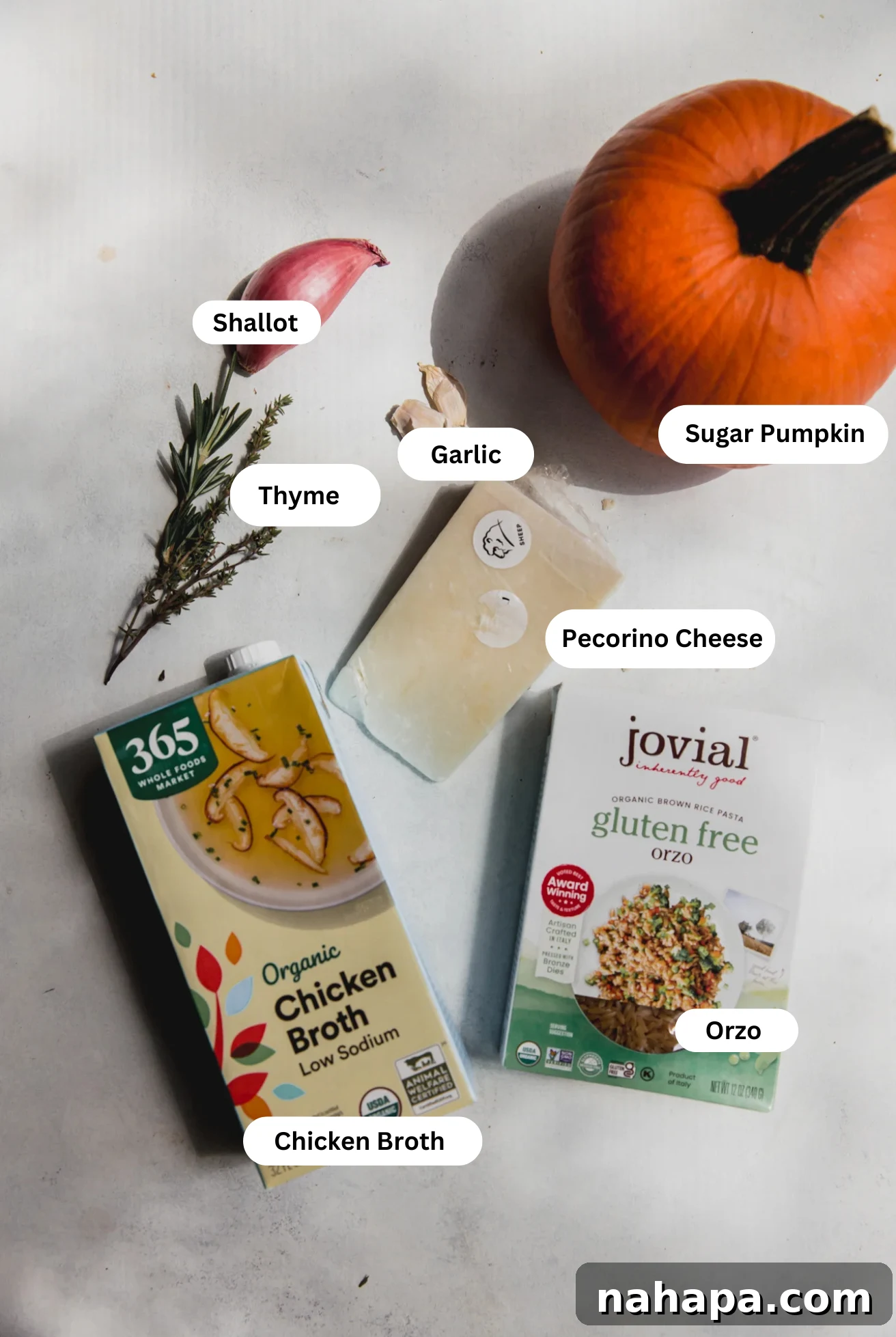 All the fresh ingredients for pumpkin orzo laid out on a rustic wooden table, including a small sugar pumpkin, gluten-free orzo, fresh thyme, garlic, and shallot.