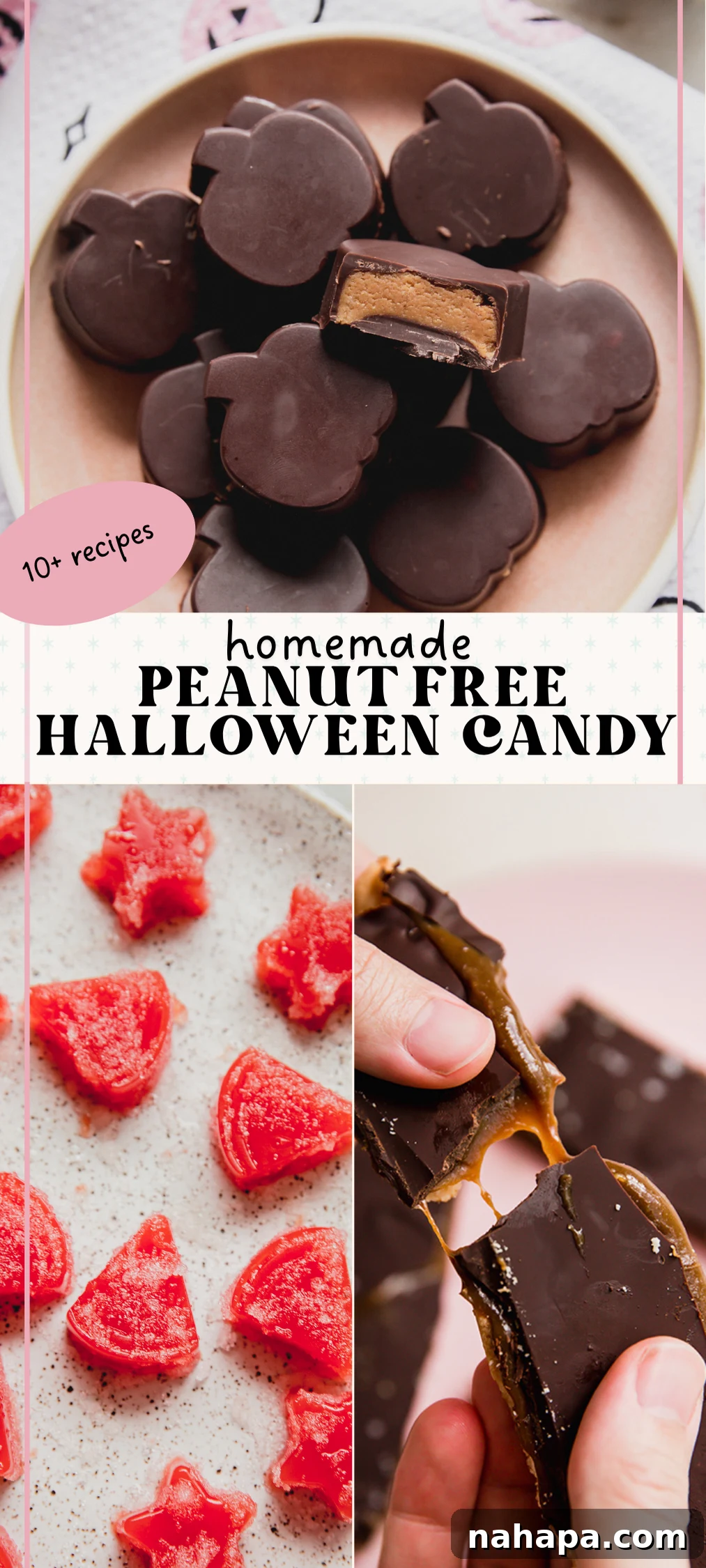 Three photos of peanut free candy, reeses, twix, and gummies. 