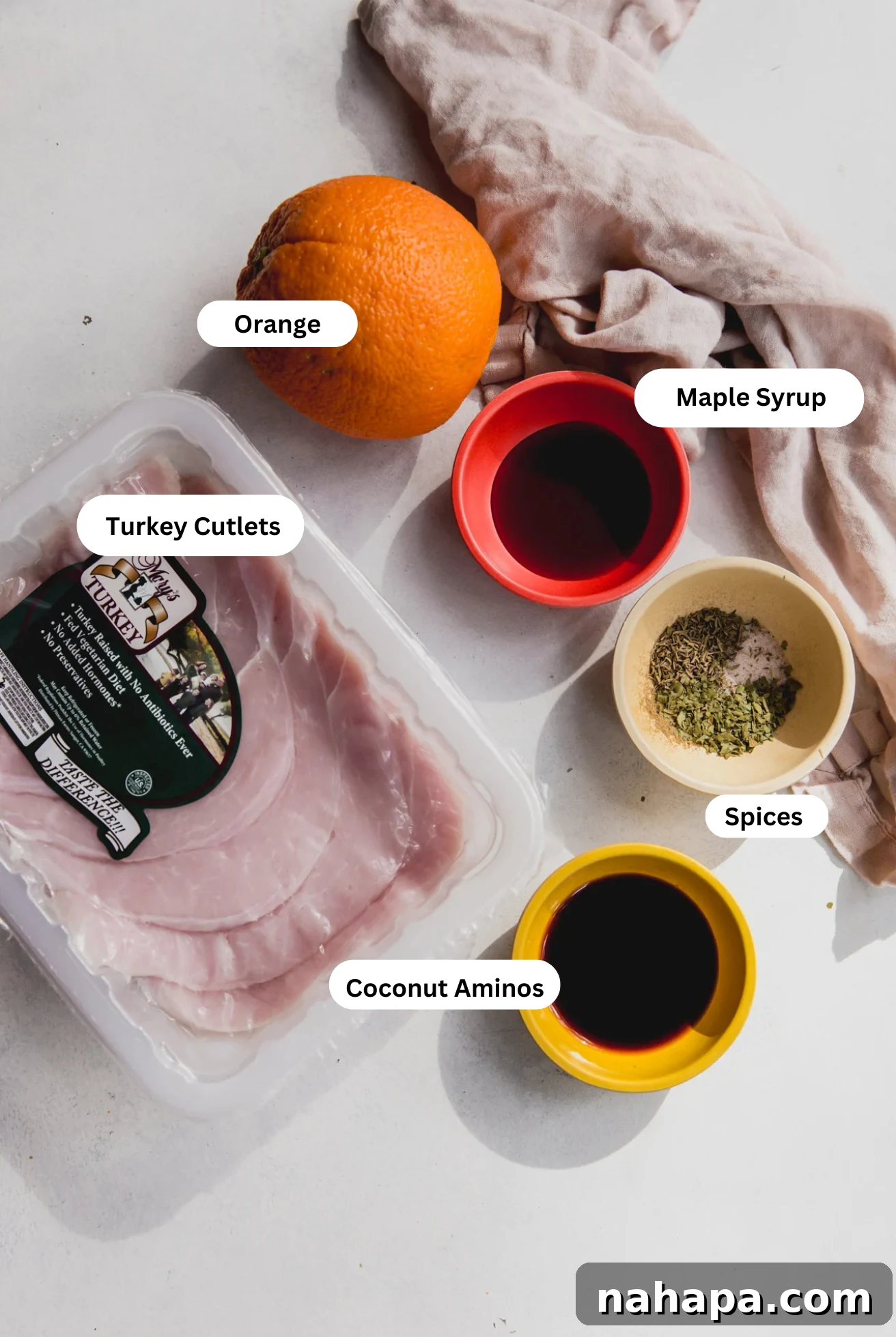 A flat lay photograph showcasing all the fresh ingredients for orange-glazed turkey cutlets, including herbs, spices, turkey, orange juice, and maple syrup.