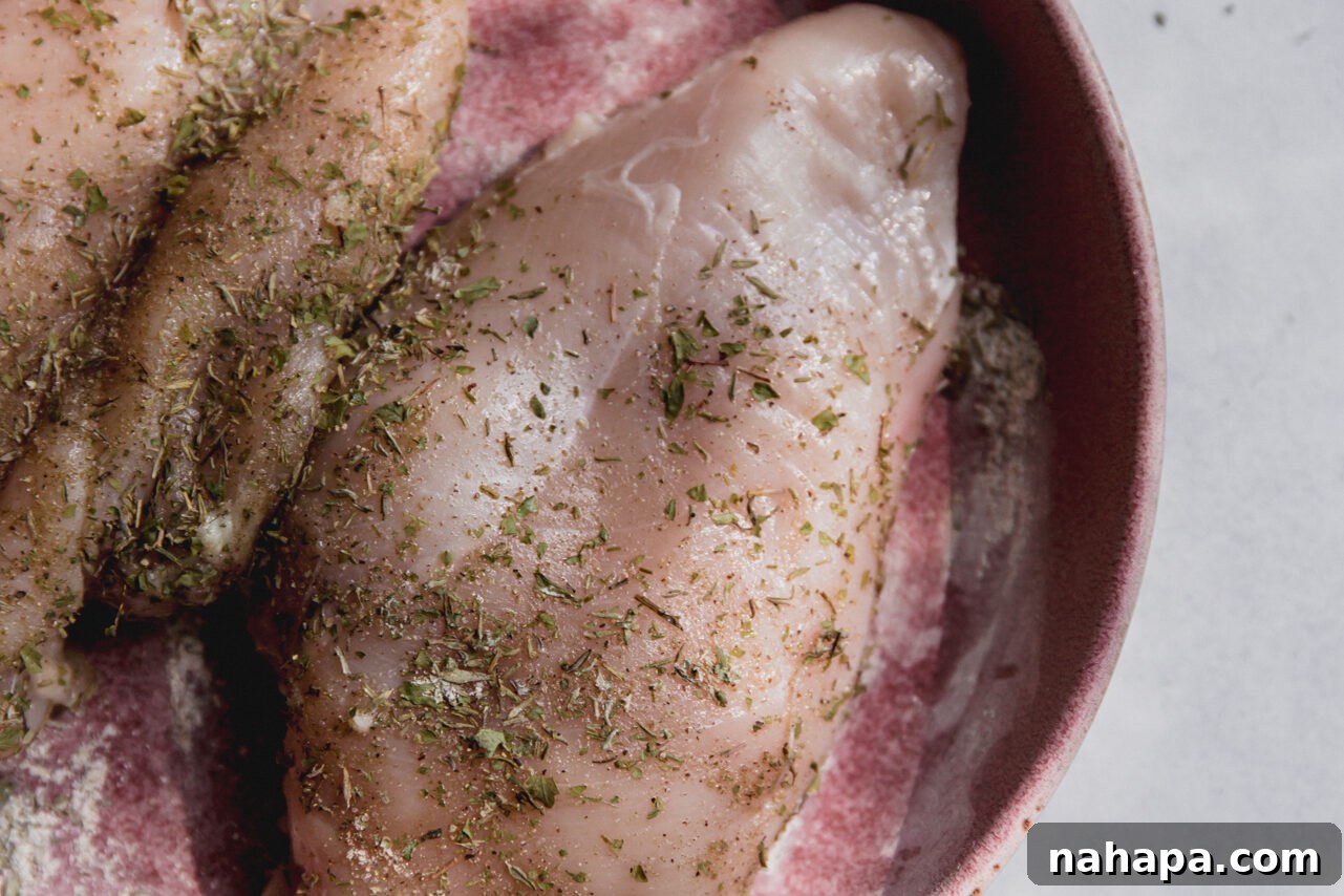 Golden Harvest Chicken & Squash Bowl 6 Raw chicken breast pieces seasoned with a blend of herbs and spices in a bowl, ready for cooking.