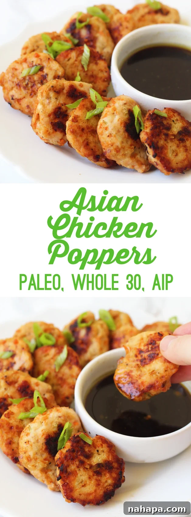 A vibrant flat lay image featuring a platter of Asian Chicken Poppers, a bowl of dipping sauce, fresh vegetables like green onions and limes, and chopsticks, all artfully arranged for a delicious meal.