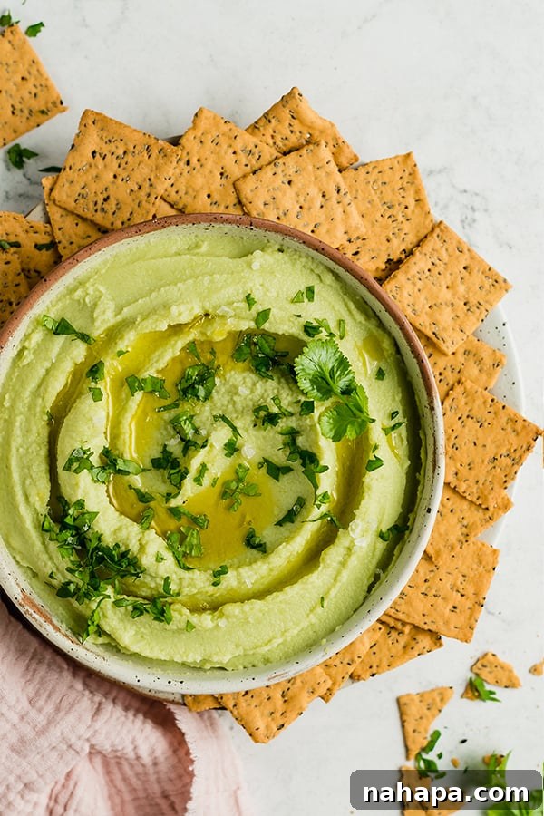 Avocado cauliflower hummus in a bowl, garnished with cilantro and olive oil.