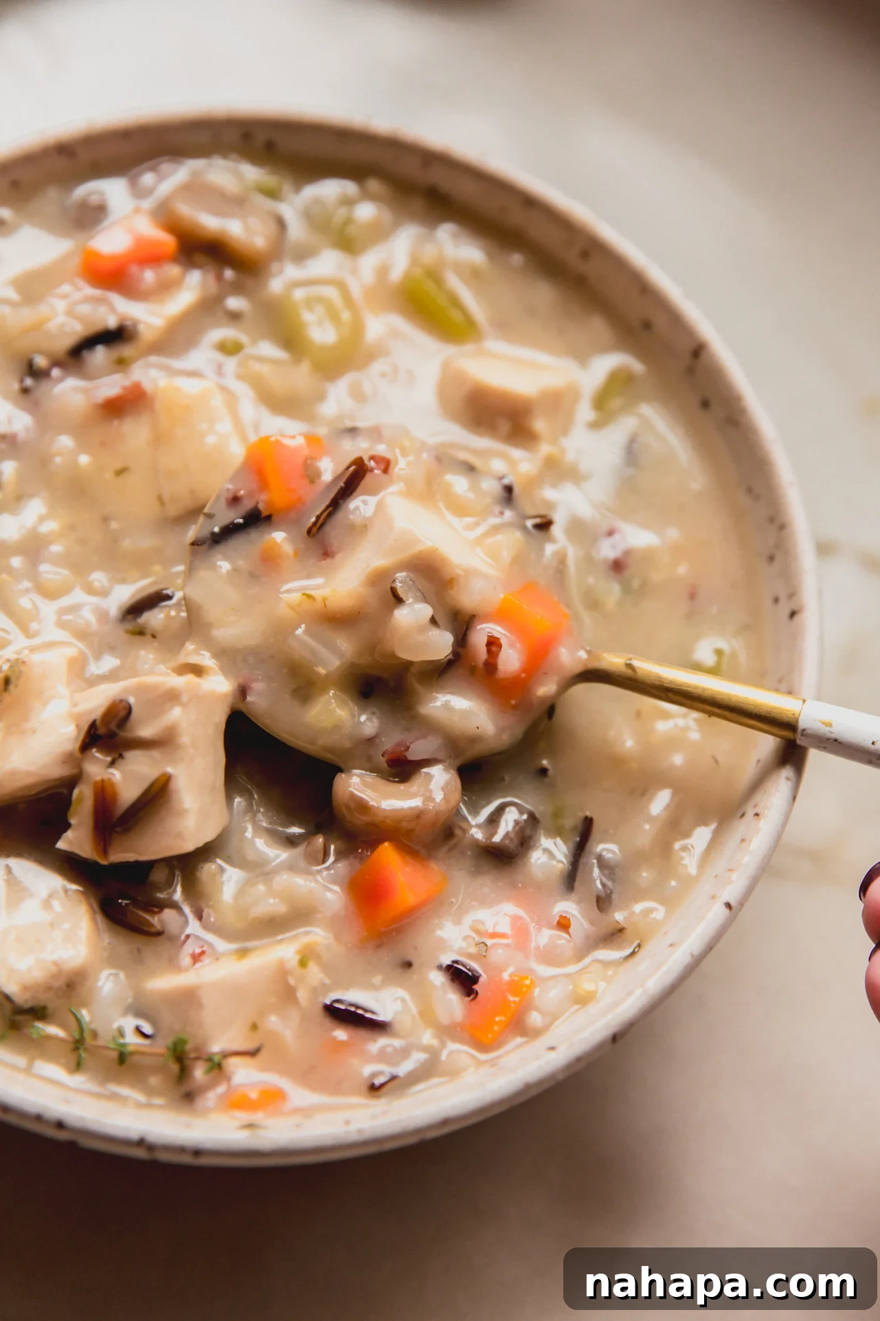 Velvety Gluten-Free Chicken and Wild Rice Soup 2 A steaming bowl of creamy wild rice soup, garnished with fresh herbs and served with a spoon.