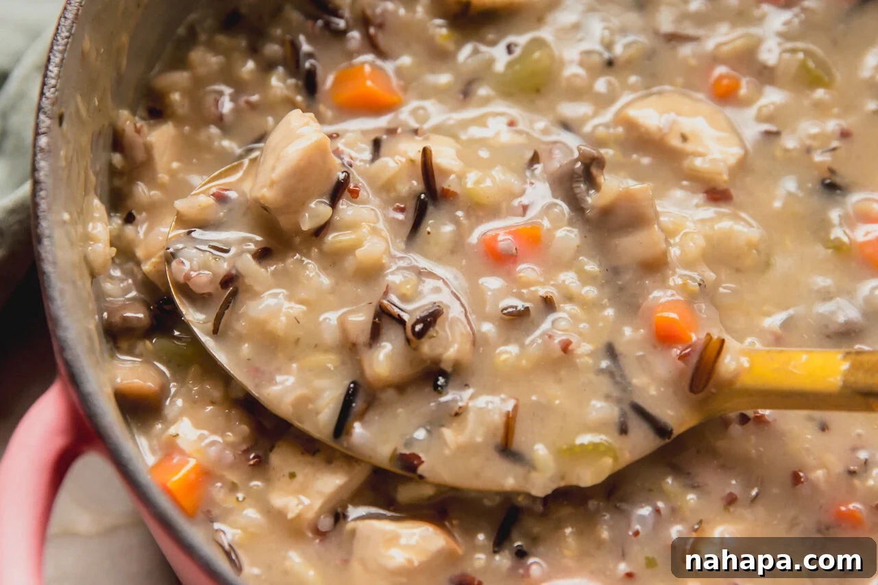 Velvety Gluten-Free Chicken and Wild Rice Soup 7 A finished pot of creamy chicken and wild rice soup, ready to be served.